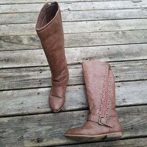 Y2k Not Rated Brown Faux Vegan Leather Exposed Zipper Stud Rhinestone Tall Boots